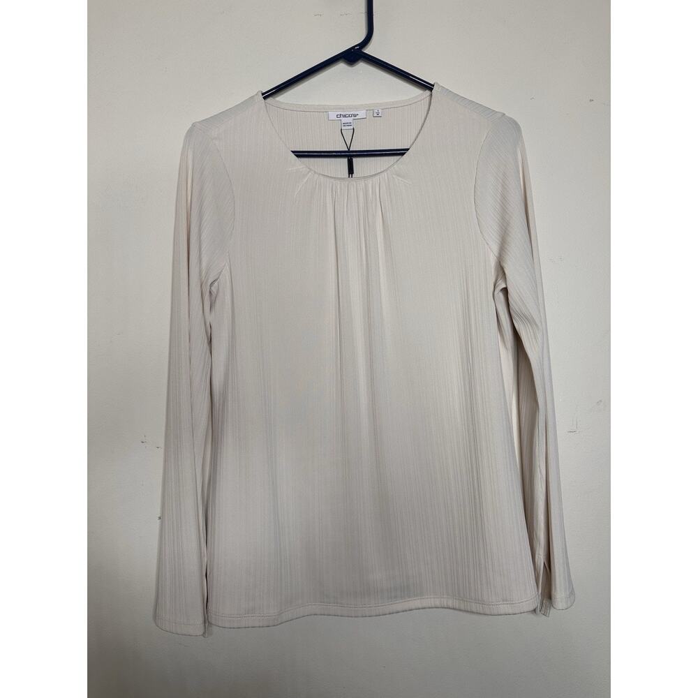 Chicos NEW Size 1 US 8 Textured Gathered Neck Long Sleeve Top Cream